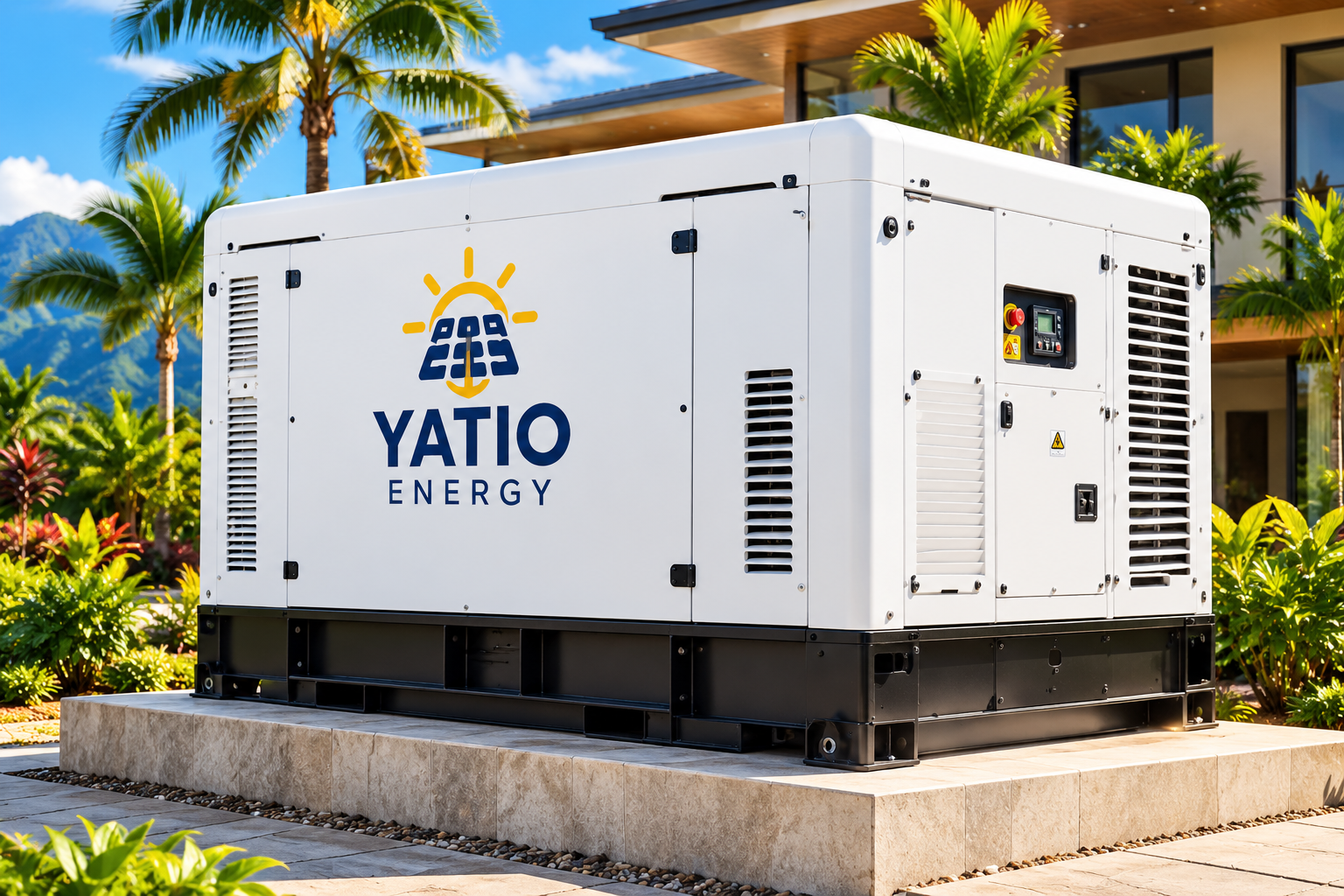 White Yatio Energy backup generator beside a tropical home