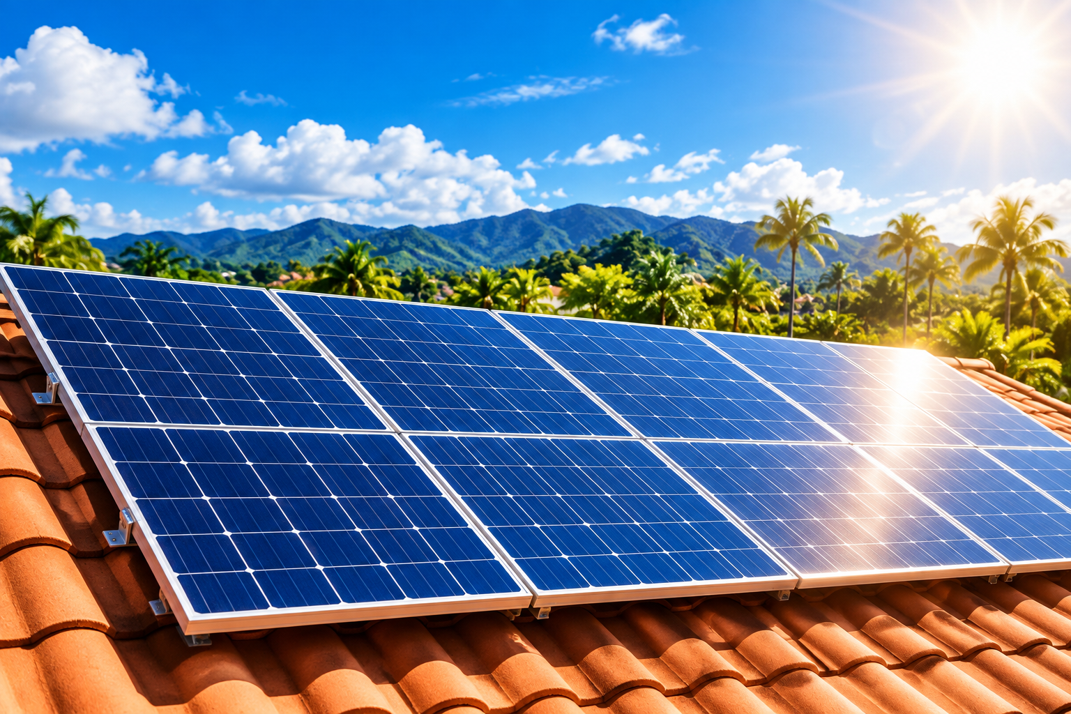 Solar panels on a terracotta rooftop under a bright blue sky